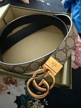 Gucci Brown GG Supreme Canvas Belt with Gold Double G Buckle